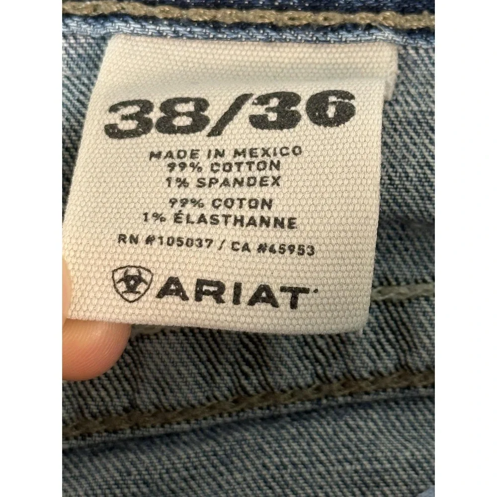 Ariat M5 Slim Straight Jeans Mens 38x36 Med Wash Blue Straight Distressed Denim